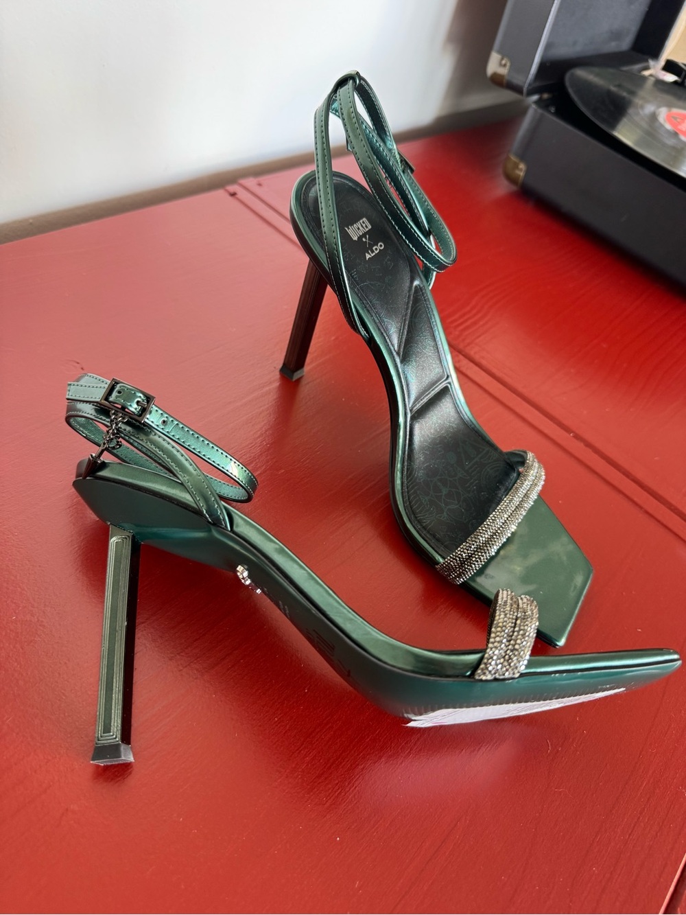 ALDO x WICKED Green Metallic Strap Heels with Rhinestone Accent